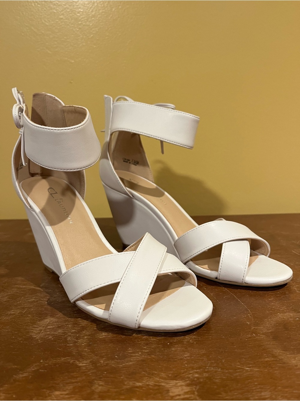 CL by Laundry White Ankle-Strap Wedge Sandals